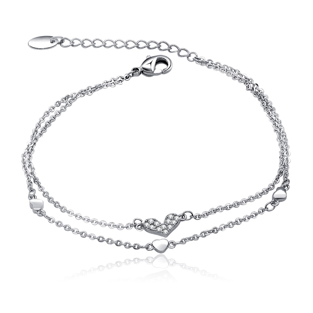 Double Chains Silver Heart CZ Charm Bracelets